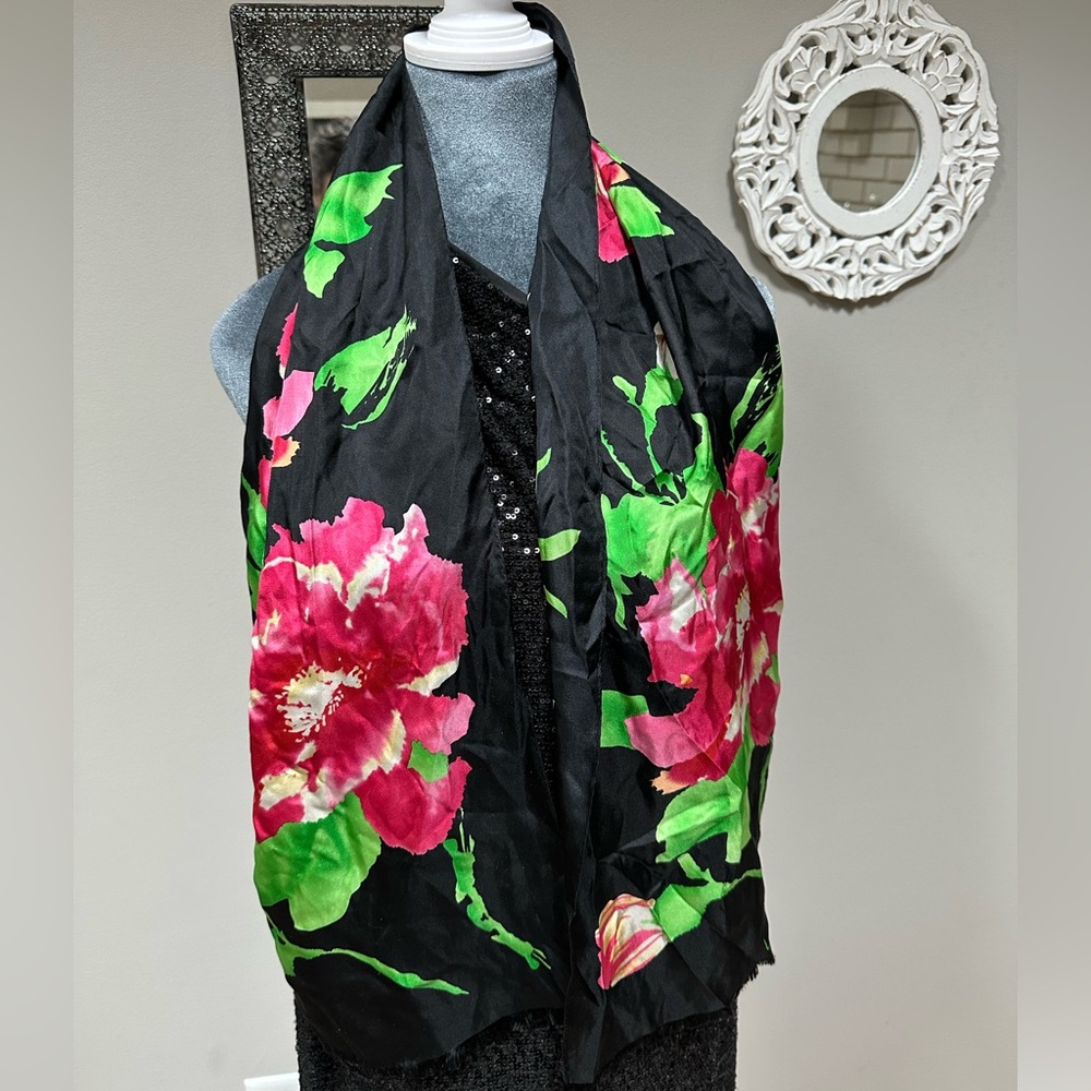 Ralph Lauren black bold pink rose print silk scarf long neck tie headband wrap
